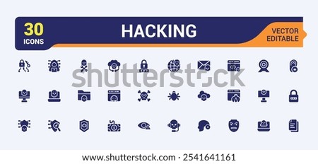 Hacking flat solid icon set. Includes icons for cyber, spam, hacker, spyware, crime and more. Flat filled style icons. Editable vector illustration.