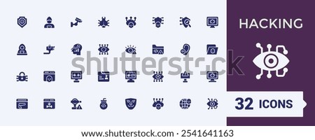 Hacking flat solid icon set. Includes icons for cyber, spam, hacker, spyware, crime and more. Flat filled style icons. Editable vector illustration.