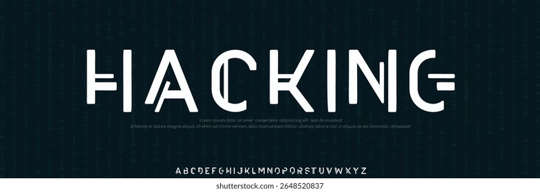 Hacking font digital cyber alphabet with matrix signs, trendy letters A, B, C, D, E, F, G, H, I, J, K, L, M, N, O, P, Q, R, S, T, U, V, W, X, Y, Z and numerals 0, 1, 2, 3, 4, 5, 6, 7, 8, 9.