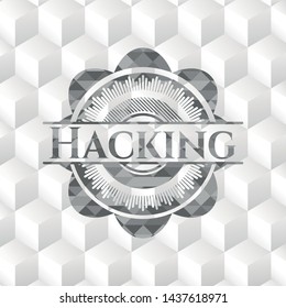 Hacking grey badge with geometric cube white background