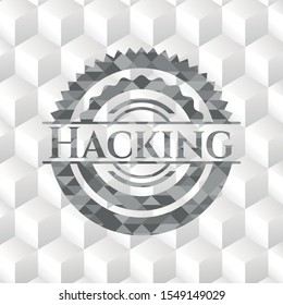 Hacking grey emblem. Vintage with geometric cube white background