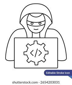 Hacking, Hacker Icon - Outline Style, Editable Stroke Icon für Hacking, Hacker in der Cybersicherheit.