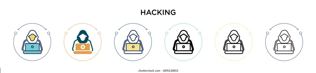 Hacking icon in filled, thin line, outline and stroke style. Vector illustration of two colored and black hacking vector icons designs can be used for mobile, ui, web