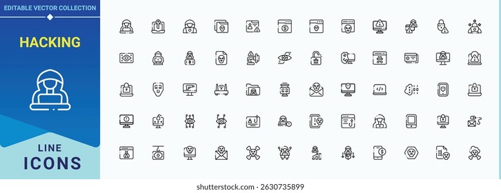Conjunto de ícones de hackers. Ícone de ataque. Relacionado a hack, ciber, crime, fraude, ataque, hacker e muito mais. Traçado editável. Pixel perfeito.