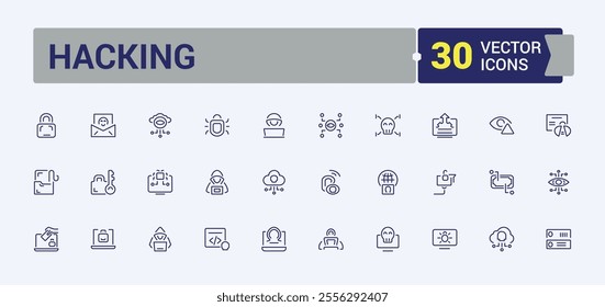 Hacking icon set. It contains symbols to threat, attack, protect, hack, shield, crime, spyware, hacker. Simple web icons. Editable vector stroke.