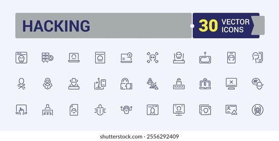 Hacking icon set. It contains symbols to threat, attack, protect, hack, shield, crime, spyware, hacker. Simple web icons. Editable vector stroke.