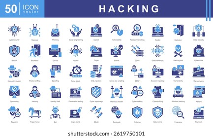 O conjunto de ícones de hackers encapsula o mundo da segurança cibernética, da Atividade de Hackers, de hackers éticos e de vulnerabilidades on-line. A coleção foi projetada para representar ameaças digitais e soluções de segurança cibernética.