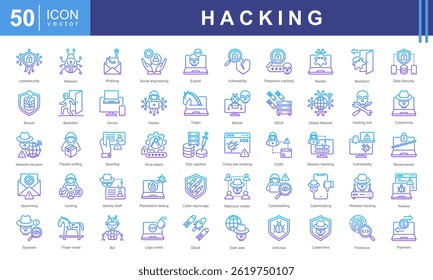 O conjunto de ícones de hackers encapsula o mundo da segurança cibernética, da Atividade de Hackers, de hackers éticos e de vulnerabilidades on-line. A coleção foi projetada para representar ameaças digitais e soluções de segurança cibernética.