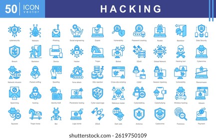 Hacking icon set encapsulates the world of cybersecurity, Hacker Activity, ethical hacking, and online vulnerabilities. collection is designed to represent of digital threats, cybersecurity solutions.