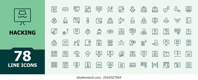 Hacking icon set. Includes thin line data, risk, spy, phishing, bug, criminal and more. Minimalist outline symbol collection. Editable vector stroke.