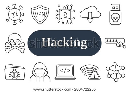 Hacking icon. Virus symbol, vpn shield, microchip lock, cloud download, usb skull, danger skull, password field key, infected folder, masked hacker, coding laptop, warning signal, network nodes icons