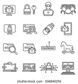 Hacking icons set. Cybersecurity, thin line design. Hacking database, linear symbols collection. Bypass protection. computer hacking, isolated vector illustration