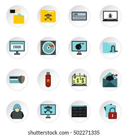 Hacking icons set. Flat illustration of 16 hacking vector icons for web