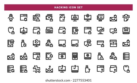 Conjunto de diseño de iconos de línea de hackeo. Adecuado para íconos web, aplicaciones, presentaciones, folletos, capas, educación.