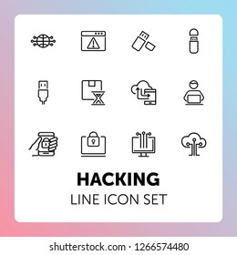 Hacking line icon set. Programmer, computer, memory stick. Information technology concept. Can be used for topics like antivirus, data safety, programming