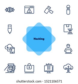 Hacking line icon set. Programmer, computer, memory stick. Information technology concept. Can be used for topics like antivirus, data safety, programming