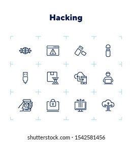 Hacking line icon set. Programmer, computer, memory stick. Information technology concept. Can be used for topics like antivirus, data safety, programming