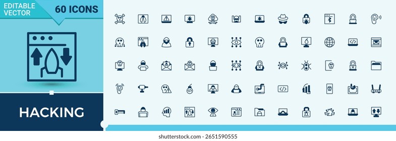 Hackear o conjunto de ícones moderno. Apresentando hack, internet, segurança, vírus, fraude, crime, proteger e muito mais. Pacote fino de ícones de estrutura de tópicos. Ícone moderno de hacker. Linha de vetor e ícones sólidos. Pixel perfeito.