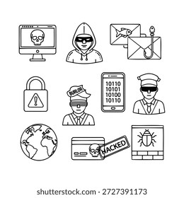 Iconos de piratería y seguridad en línea, seguridad en Internet, violación de datos, riesgo, protección