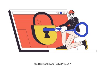 Hacking padlock flat line concept vector spot illustration. Laptop. Man with key trying to open 2D cartoon outline character on white for web UI design. Cybercrime editable isolated color hero image