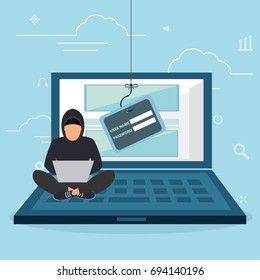 Hacking phishing attack. Flat vector illustration of young hacker sitting near white car and using laptop to hack smartcar protection system. young man with code symbols on blue background