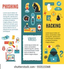 Hacking, phishing and cyber crime - vertical vector banner template with icons of gadgets and hacker's activities, title and place for your text. Flat style. For web and paper ads.