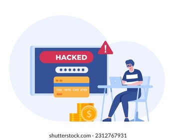 Hacking, phishing, scam and error, protection, cyber crime, internet security, system technology, flat design illustration vector banner and background