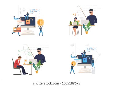 Hacking or phishing set. Hacker stealing email and credit card data. Flat vector illustrations. Cybercrime, attack concept for banner, website design or landing web page