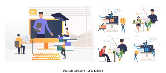 Hacking or phishing set. Hacker stealing email and credit card data. Flat vector illustrations. Cybercrime, attack concept for banner, website design or landing web page