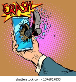 Hacking the phone, concept. Leg breaks smartphone screen. Pop art retro vector illustration comic cartoon kitsch drawing