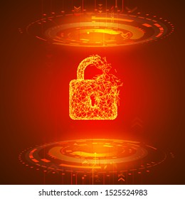 Hacking program or network. Broken padlock on red technology background. Alert from security system. Vector