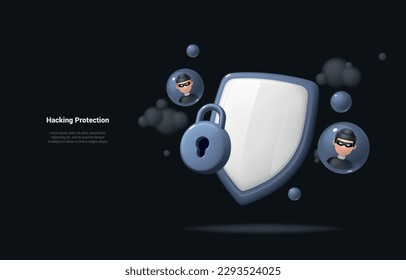 Hacking protection concept. Realistic 3d shield and lock protection with icons of hackers faces near. The concept of protection of personal data. Landing page on dark background. Cartoon 3d style.