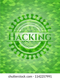 Hacking realistic green emblem. Mosaic background
