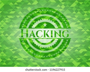 Hacking realistic green emblem. Mosaic background