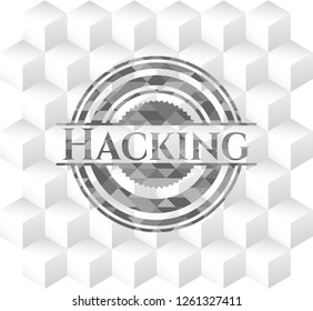 Hacking retro style grey emblem with geometric cube white background