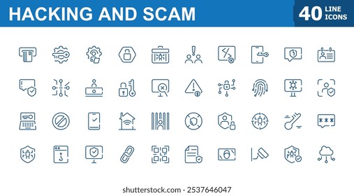 Hacking and scam icon set. Related to criminal, crime, phishing, threat, cyberspace, attack and more. Thin outline icons pack. Vector illustration.