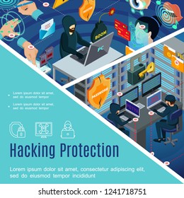 Hacking security and protection template with antivirus passwords biometric authorization in isometric style vector illustration