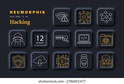 Hacking security set icon. Hacker virus network password laptop bug vpn cloud chip usb skull minimal neumorphic outline style dark theme soft shadow UI design.
