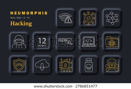 Hacking security set icon. Hacker virus network password laptop bug vpn cloud chip usb skull minimal neumorphic outline style dark theme soft shadow UI design.