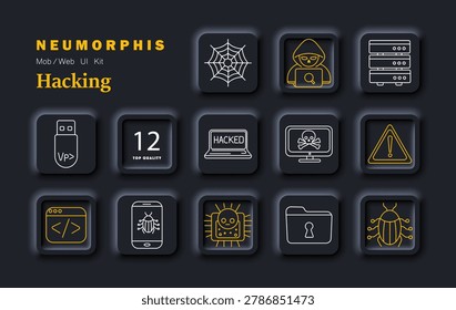 Hacking security set icon. Spider web hacker server usb laptop warning code bug chip folder minimal neumorphic outline style dark theme soft shadow UI design