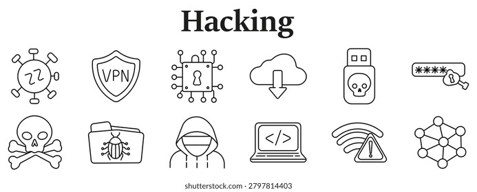 Hacking set icon. Line icons depict virus shape, vpn shield, chip lock, cloud download, skull usb, password key, skull bones, bug folder, hooded hacker, code laptop, wifi warning, network nodes