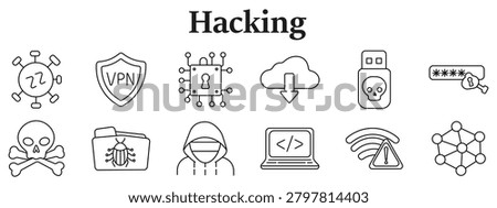 Hacking set icon. Line icons depict virus shape, vpn shield, chip lock, cloud download, skull usb, password key, skull bones, bug folder, hooded hacker, code laptop, wifi warning, network nodes