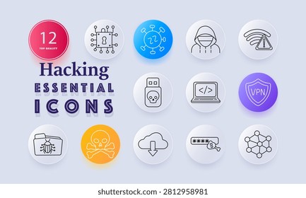 Hacking set icon. Secure processor, infected network, masked intruder, wireless warning, malicious flashdrive, coding laptop, protected connection, contaminated folders, skull emblem