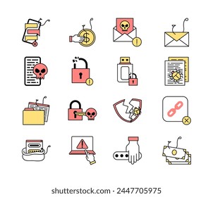 El concepto de cibercrimen incluye el uso de malware y phishing. Ilustración vectorial de iconos