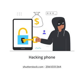 Hacking smartphone concept. Cyber criminal picks up password to phone and opens lock with key. Man steals personal information. Cartoon modern flat vector illustration isolated on white background