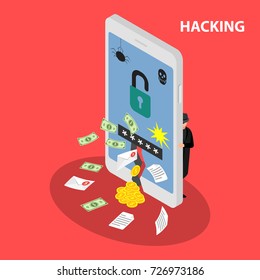 Hacking smartphone database.  Abduction of finance funds. Vector isometric illustration.