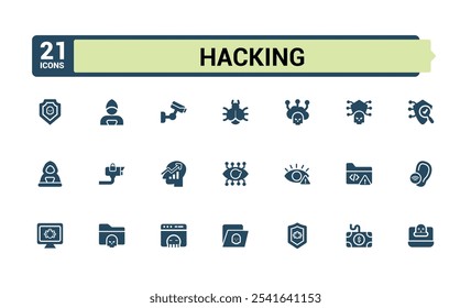 Durchgehendes Symbol-Set wird gehackt. Verwandt mit Betrug, Spyware, Hacker, Schild, Virus, Sicherheit, Inspektor, Passwort. Minimalistisches, flach gefülltes Symbol. Sammlung von Vektorsymbolen.