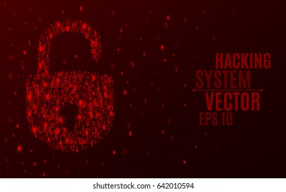 Hacking system. An abstract lock from a binary code. The glowing numbers 0 and 1 are red. Programming in design. Flying figures. Hackers broke the protection. Vector illustration. EPS 10