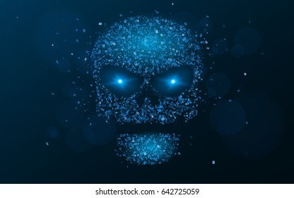 Hacking system. An abstract, luminous skull of blue color from a binary code. The data is under threat. Hi-tech and programming. Flaming, neon eyes. Vector illustration. EPS 10