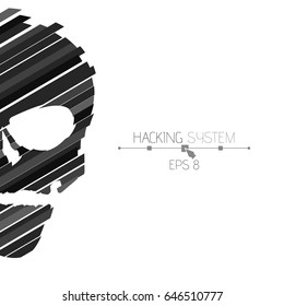 Hacking system. Half of the skull sideways on a white background. The destroyed skull from the black strips. The effect of destruction. Abstract vector illustration. EPS 8